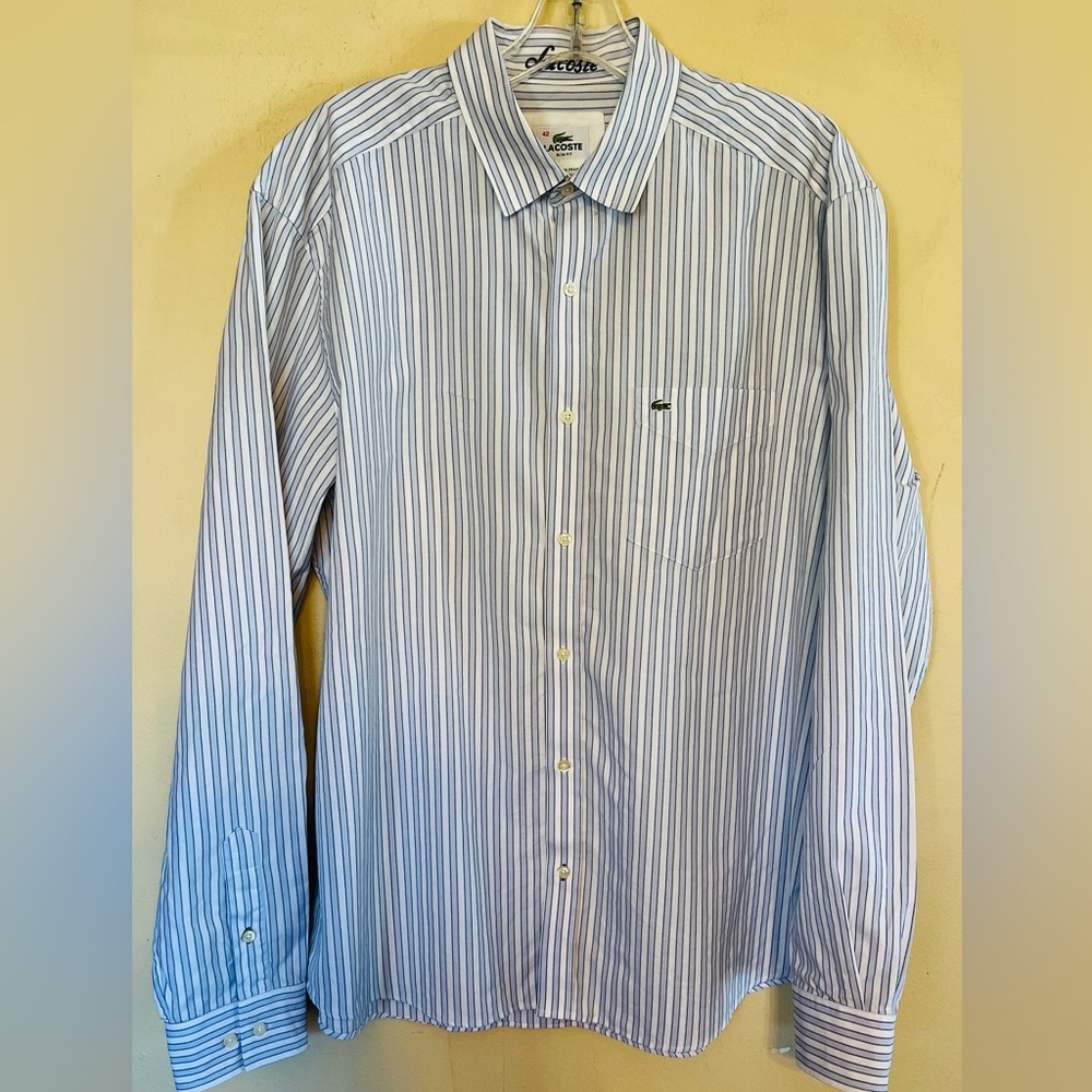 LACOSTE 100% Cotton Long Sleeve Blue Striped Cotton Casual Shirt Sz 42 US L NEW